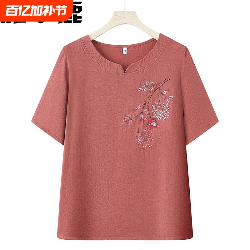 雅鹿妈妈夏季短袖棉麻T恤中老年人宽松女款休闲洋气薄款上衣老人