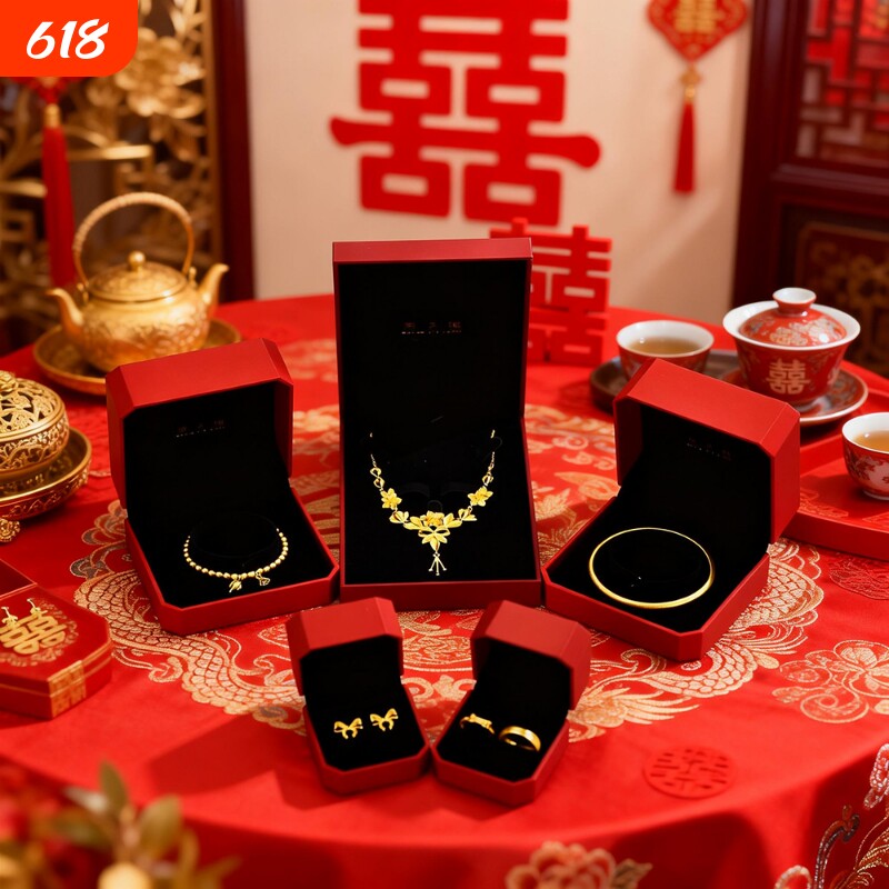 如花项链仿真五金订婚三金摆件轻奢女高级感结婚婚嫁礼物闺蜜金色