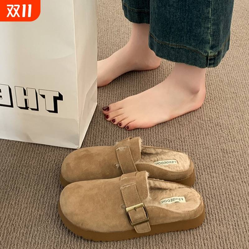 厚底毛毛勃肯鞋女半拖秋冬外穿2025新款爆款一脚蹬懒人鞋加绒棉拖