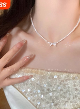珍珠蝴蝶结锆石项链气质新款2025颈链女款高级精致锁骨链毛衣配饰
