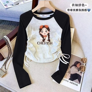 打底上衣春秋抽绳长袖 秋季 女 儿童T恤中大童洋气时尚 女童2025新款