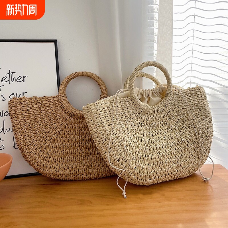 夏季复古简约草编包月亮手提包森系时尚藤编女包新月设计编织收纳