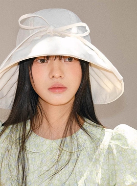泡芙系带渔夫帽棉麻秋季防晒薄款遮阳帽女显脸小可折叠蝴蝶结蓝色