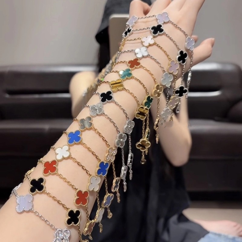 高版本五花手链女百搭镀18K玫瑰金轻奢红色玛瑙大小花手镯满钻