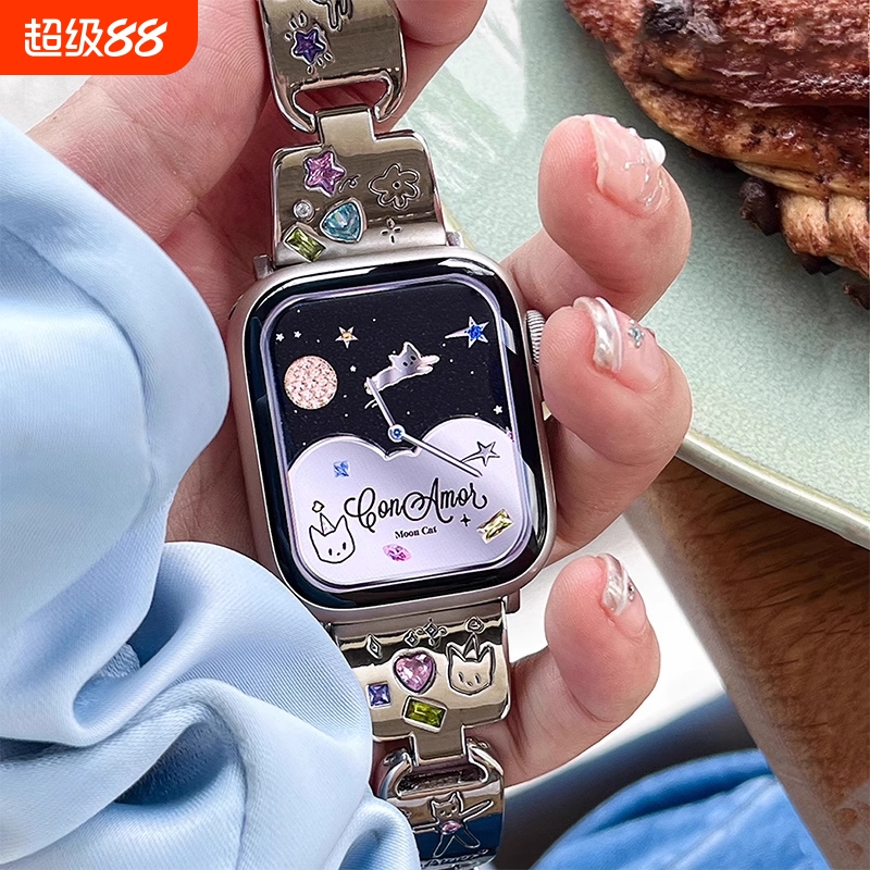 适用苹果S10手表iwatch9表带applewatchS8手绘猫咪宝石镶嵌金属腕带Ultra女SE7654321夏季星光