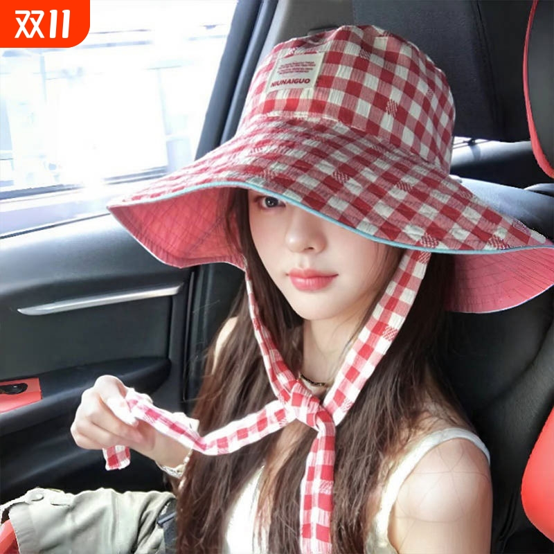 夏季绑带渔夫帽女大檐显脸小防晒遮阳帽子大头双面盆帽帽檐出游