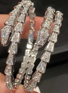 蛇形手镯女镀银18K玫瑰金满钻蛇骨蛇头简约开口手环镶钻款多圈