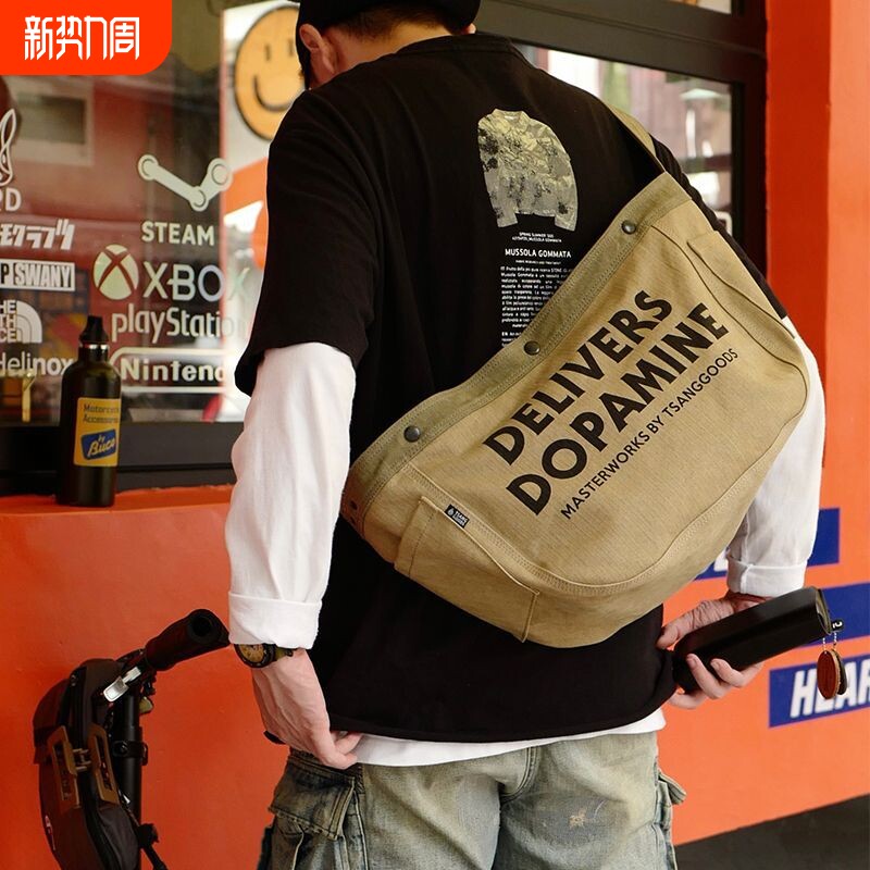 新款时尚帆布包斜挎包美式复古大容量单肩包托特运动风骑行包休闲