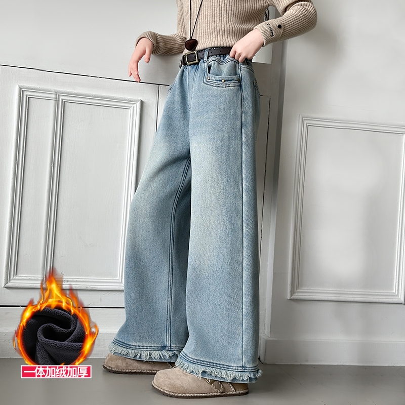 爱西娜儿童牛仔裤女孩冬装阔腿裤