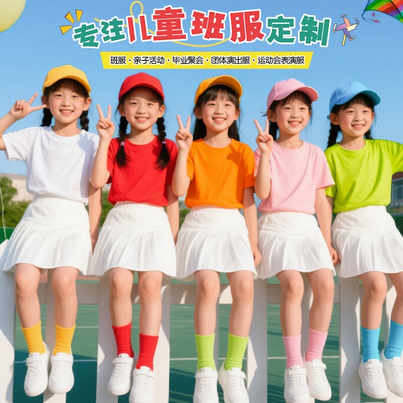 糖果色儿童t恤幼儿园班服表演服学校亲子活动夏季纯棉短袖袜子
