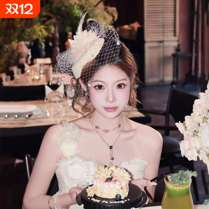 留洋千金白色网纱珍珠小礼帽女复古民国新娘面纱名媛旗袍头饰发饰