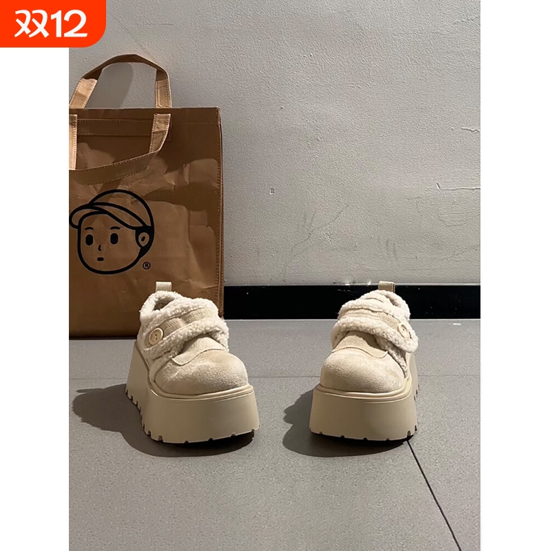 白色复古增高厚底加绒雪地棉鞋女冬2025新款加厚保暖毛毛勃肯鞋子
