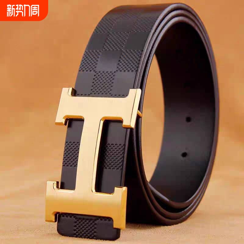 爱马男仕头层牛皮腰带男真皮纯铜平滑扣打孔内穿字母格纹商务休闲