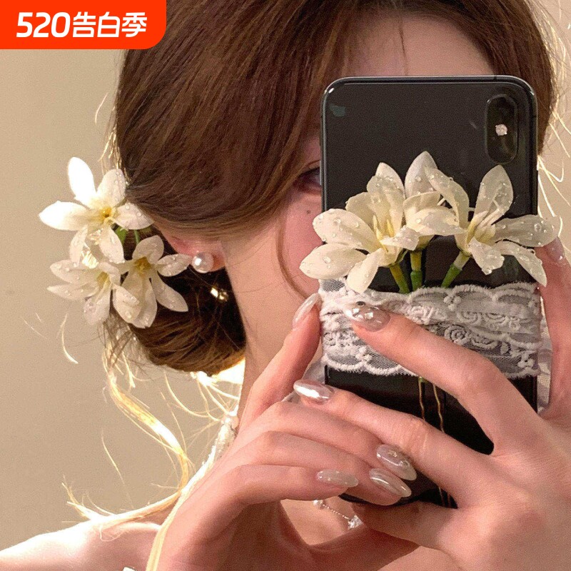 2026新中式独特花朵发簪女海边度假风侧边发卡拍照头花发饰夏白色