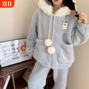 珊瑚绒睡衣女款 加厚加绒连帽法兰绒学生家居服可外穿外出可爱 冬季