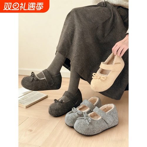 5CM内增高毛毛鞋女外穿秋冬季新款魔术贴玛丽珍棉鞋加绒勃肯鞋子