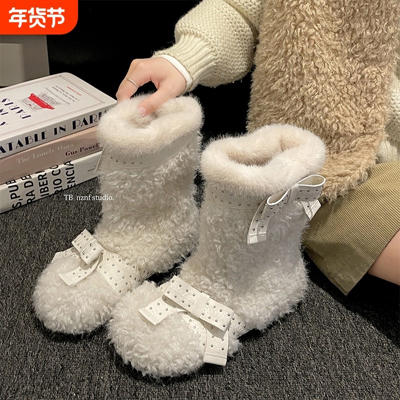 白色加绒加厚厚底雪地靴女款2025新款冬季保暖毛毛棉鞋子毛绒中筒,女鞋,时尚雪地靴,淘宝优惠券,粉丝福利购,淘宝优惠卷