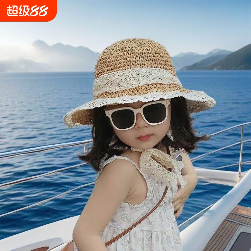 儿童帽子女童草帽夏季女孩夏天女宝防晒渔夫帽透气宝宝沙滩遮阳帽