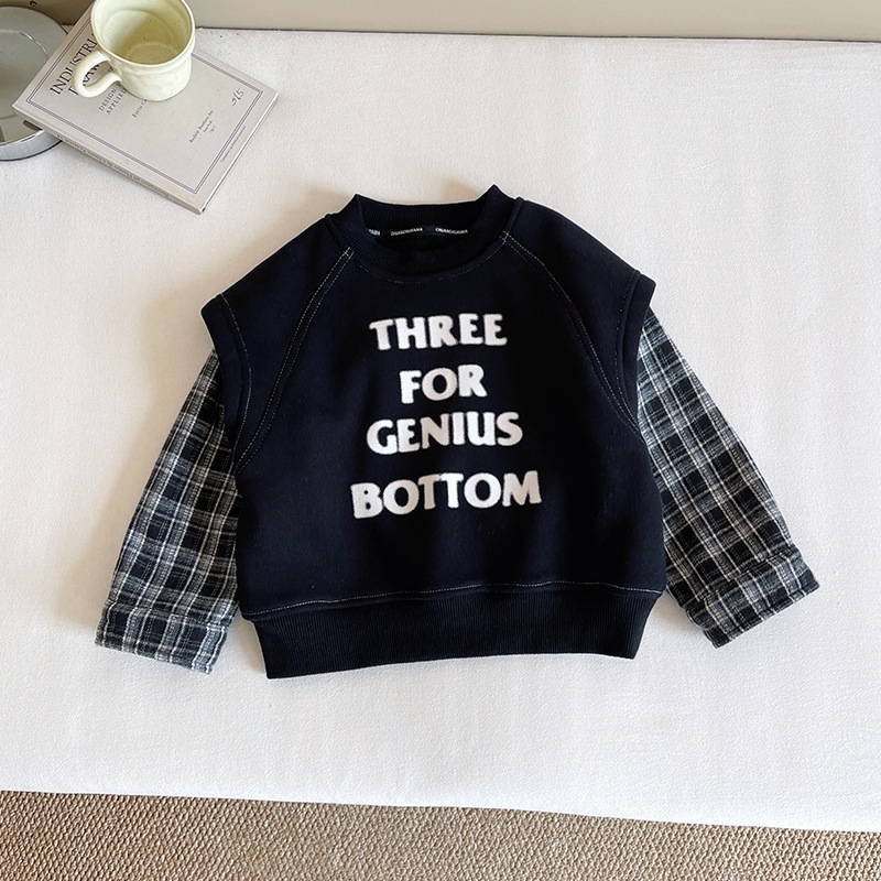 2025冬季新款儿童韩版格子拼接加绒卫衣男女童假两件套头衫