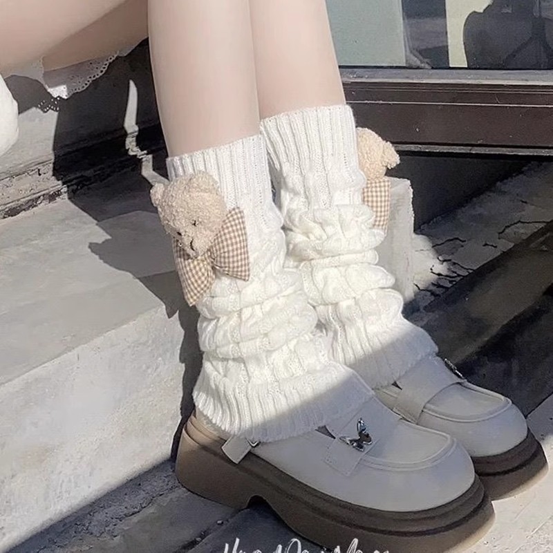 小熊玩偶袜套针织秋冬日系保暖腿套白色中筒堆堆袜小腿袜子加厚
