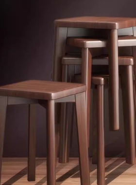 实木凳子客厅家用软包餐桌椅子可叠放矮凳中古风轻奢高级感方板凳