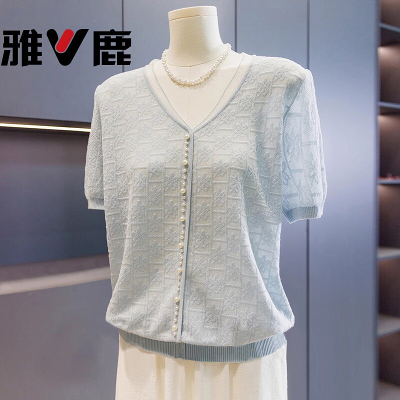 雅鹿时髦洋气妈妈装针织衫女短袖2026夏装上衣气质百搭中老年T恤