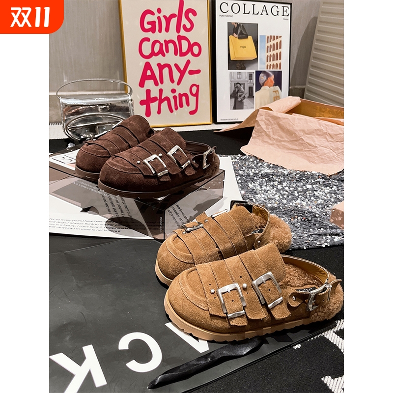 2025年秋新款磨砂真皮金属扣大头羊羔毛毛鞋包头半拖鞋勃肯鞋女鞋
