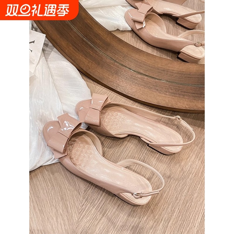法式蝴蝶结包头凉鞋女2025夏外穿绝美裸色气质粗跟后空单鞋女中跟