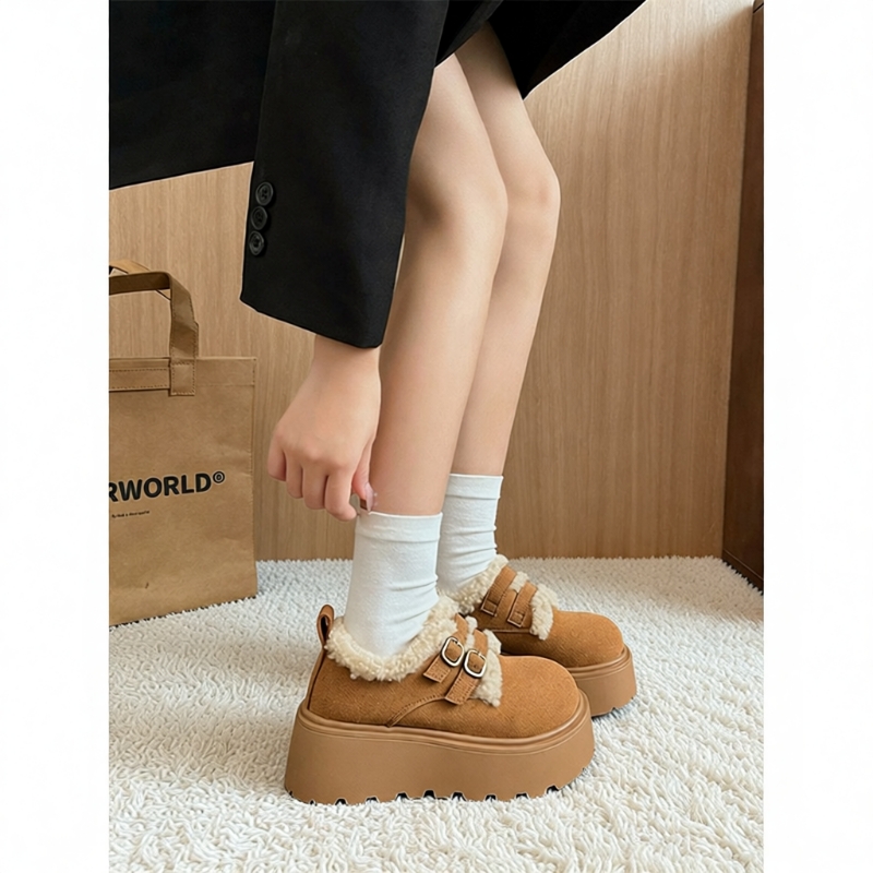 厚底内增高勃肯女鞋子加绒保暖毛毛鞋2025新款冬季雪地靴棉鞋黑色