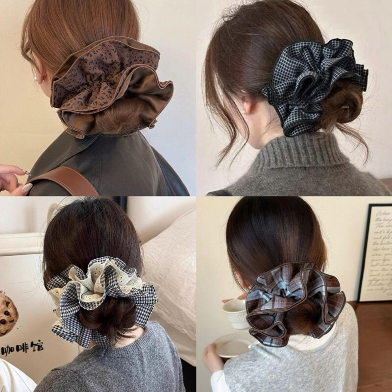 韩系格子蕾丝大肠发圈女豹纹风头花发绳超大丸子头发饰高级感头饰
