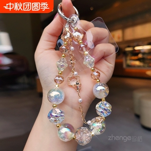 夾片式 手機掛繩夢幻星空水晶珠手鏈女款 ins精品手作時尚 小香風手提手腕掛飾掛鏈短款 手機殼通用吊繩禮盒新款