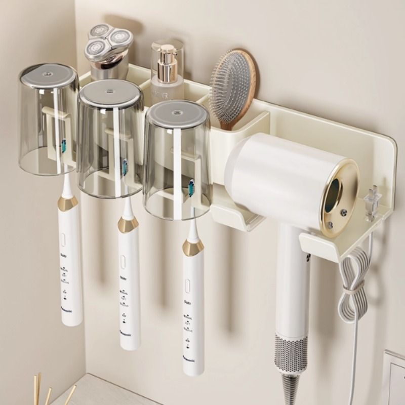 奶油风牙刷架子置物架免打孔卫生间刷牙杯漱口杯壁挂式吹风机支架