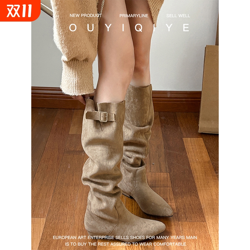 ~女冬复古堆堆靴法式显瘦高筒靴粗跟绒面卡其色长靴杏色圆头中跟