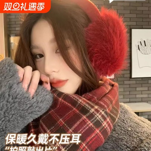 红色毛绒耳罩女冬季骑行保暖神器防寒冻过新年穿搭耳捂耳包护耳套