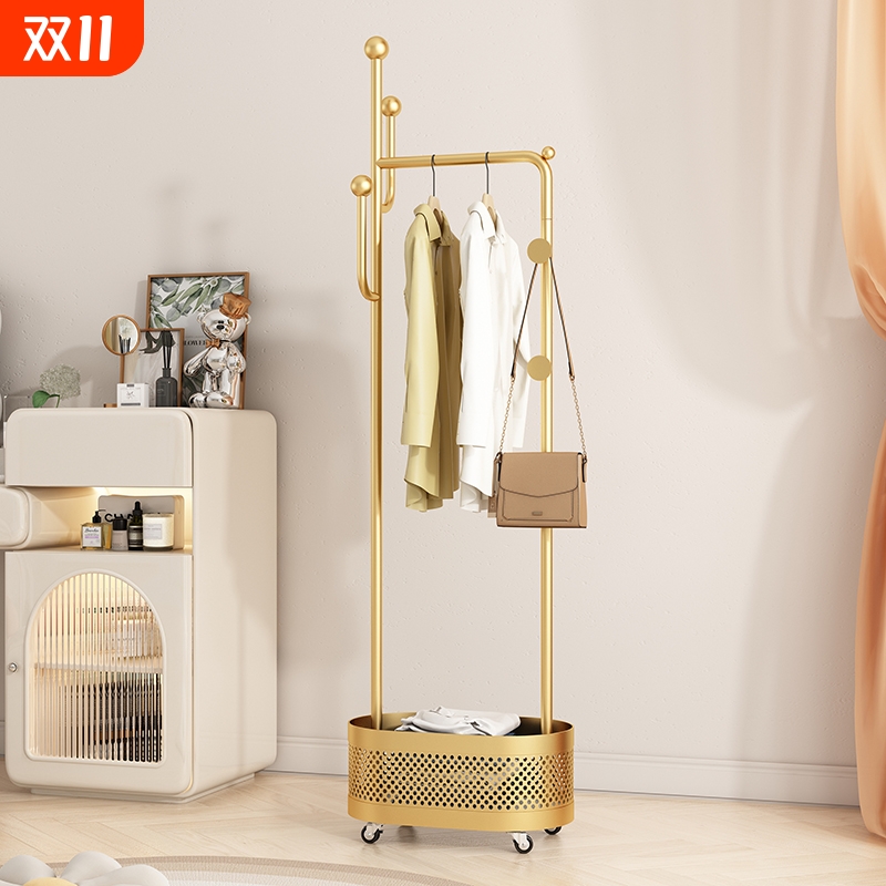 衣帽架落地卧室移动挂衣架带脏衣篓家用衣服收纳架床边放衣服神器