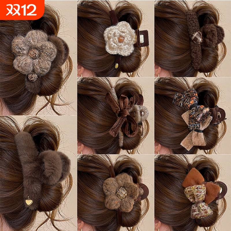 秋冬毛绒大号抓夹女高级感2025新款鲨鱼夹发量多后脑勺发夹子头饰