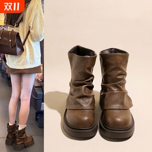 马丁靴女厚底短靴2025年春秋新款 管靴黑色 复古棕色堆堆靴西部靴裤