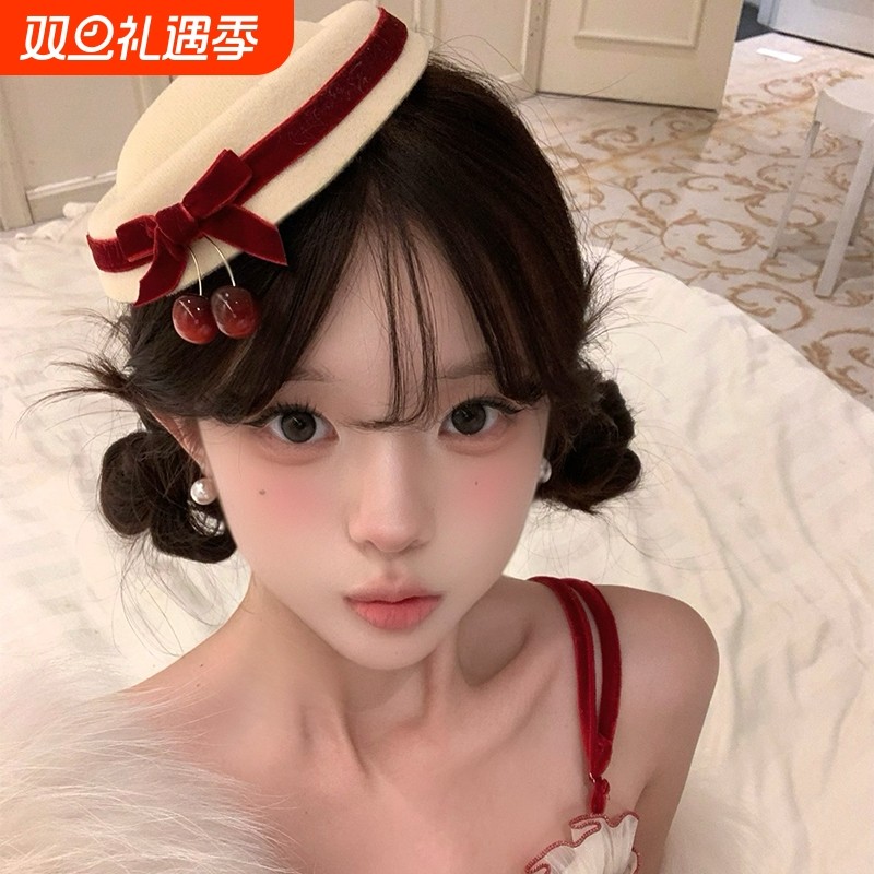 新年蝴蝶结樱桃小礼帽发饰氛围感头饰发夹发卡头饰品装扮海军帽子