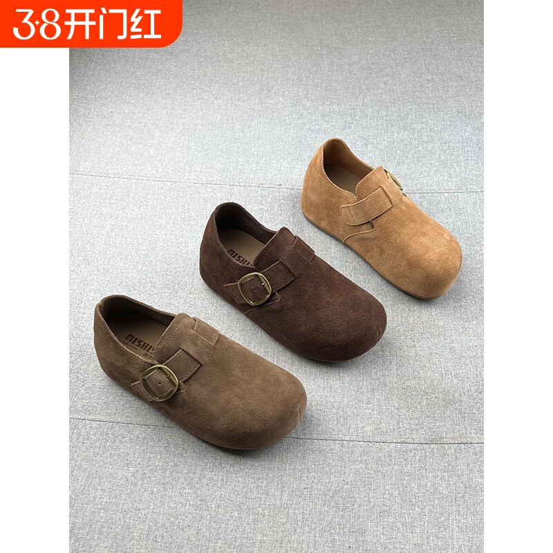 米新款~真皮一脚蹬内增高厚底勃肯鞋2025年秋防滑乐福鞋豆豆鞋女