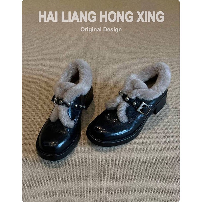 英伦风粗跟加绒乐福小皮鞋女2025秋冬新款百搭单鞋毛绒圆头中跟