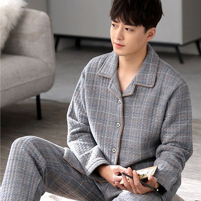 夹棉睡衣裤男士秋冬季纯棉全棉厚款夹层空气棉家居服套装薄棉居家