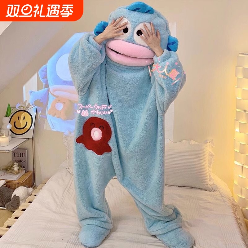 珊瑚绒丑鱼汉顿搞怪连体情侣抽象睡衣男女冬季加绒加厚卡通家居服