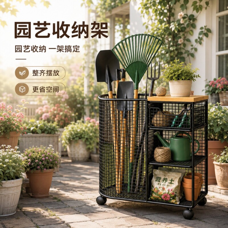 园林工具置物架别墅庭院园艺移动农用工具放置架车库五金收纳神器