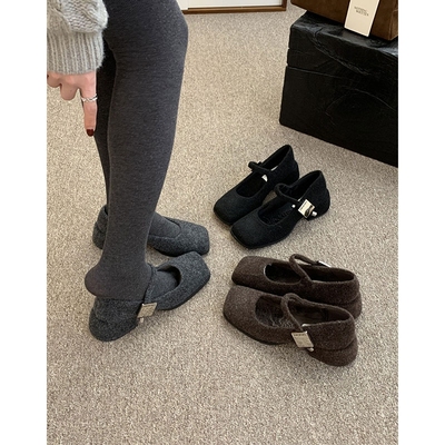 灰色玛丽珍毛毛鞋女冬外穿新款法式复古呢子粗跟单鞋女加绒高跟鞋