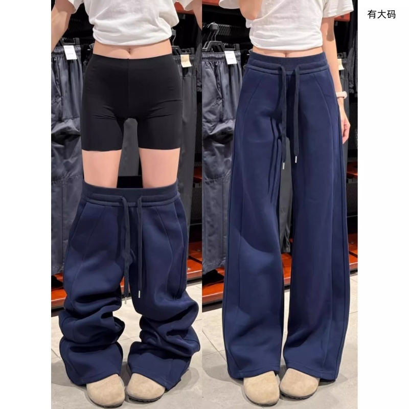 藏青色窄版运动卫裤女秋季2025新款高腰显瘦加绒休闲阔腿裤子大码