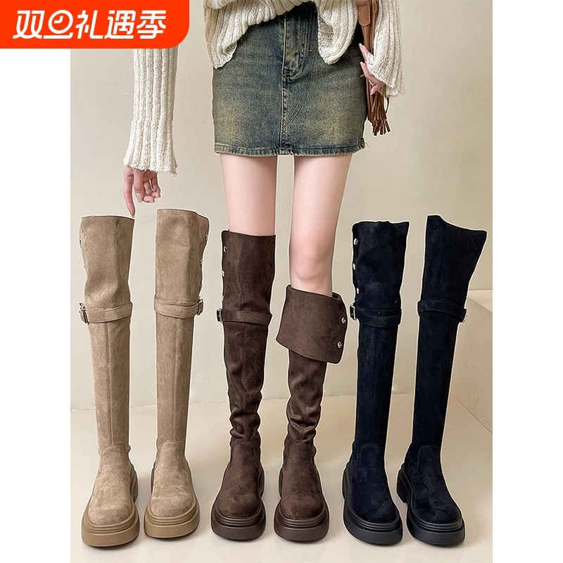 时尚部落长筒靴子女2025年秋冬季过膝骑士靴棕色黑色粗跟鞋子高筒