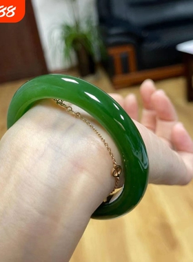 菠菜绿和田玉手镯女款胖圆条新疆仿玉镯冰种碧绿玉髓镯子碧玉手串