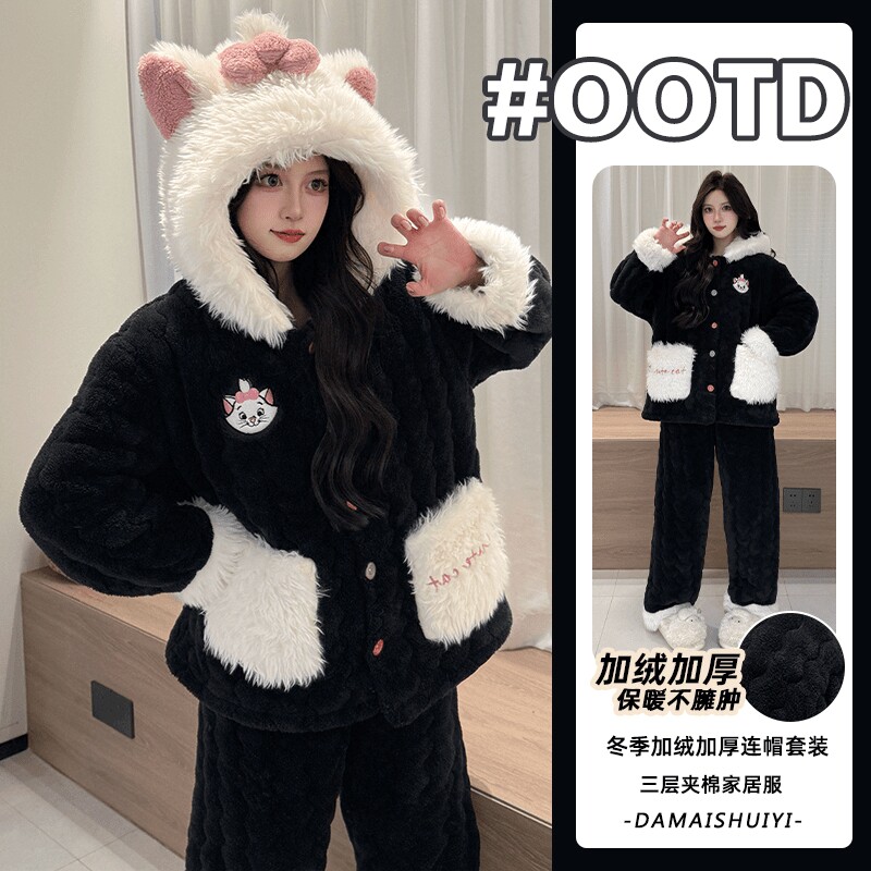 三层夹棉加厚睡衣女款秋冬季湖南省省服保暖黑色家居服可外穿加绒