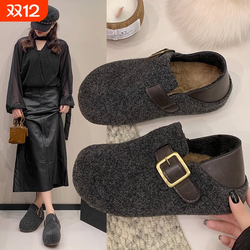 勃肯鞋女秋冬2025新款厚底灰色一脚蹬加绒保暖棉鞋毛毛鞋内增高