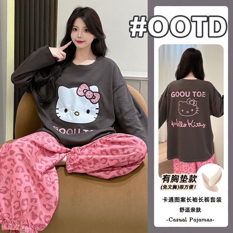 带胸垫睡衣女春秋季2025新款卡通可爱KT猫长袖棉绸大码家居服柔